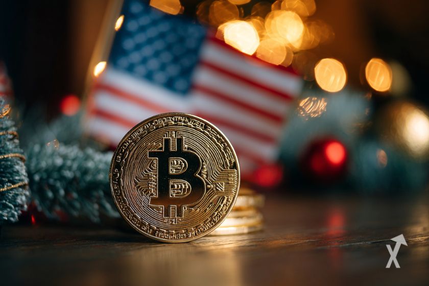Une pièce de Bitcoin dans une salle au thème de Noël avec un drapeau des USA