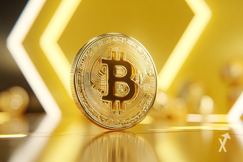 Une pièce de Bitcoin sur un fond jaune avec des lumières
