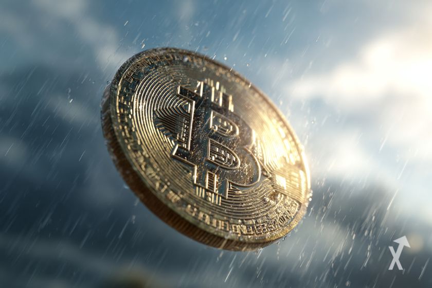 Une pièce de Bitcoin en train de chute entres les gouttes d'eau sous la pluie
