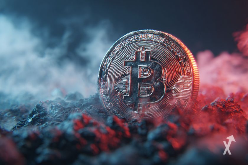 Une pièce de Bitcoin entourée de fumée dans un endroit sombre