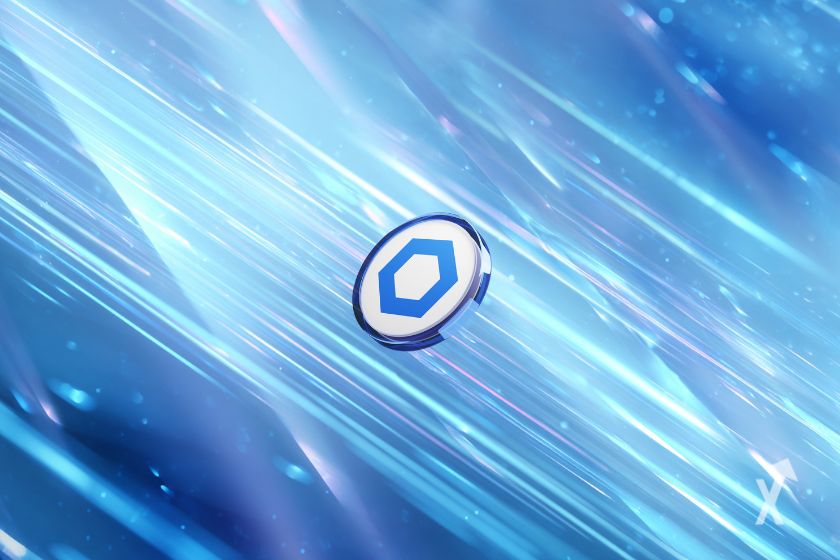 Le token de Chainlink sur un fond bleu avec des formes futuristes