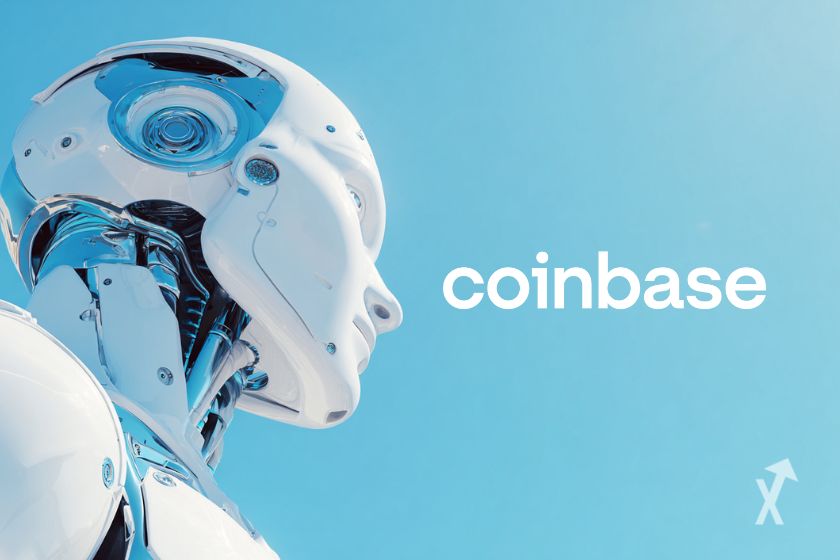 Un robot blanc sur un fond bleu clair avec le logo Coinbase écrit en blanc