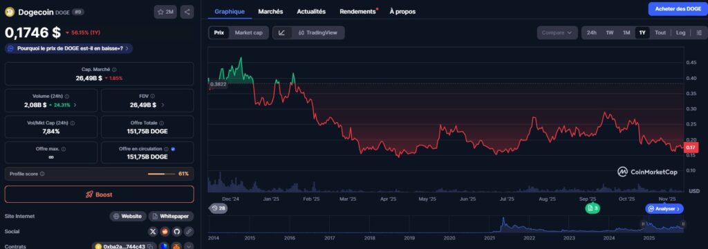 Un graphique de prix du Dogecoin dévoilant son évolution sur l'année passée