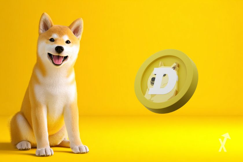 Un chien Shiba Inu sur la gauche de l'image, le token de Dogecoin à droite, sur un fond jaune brillant