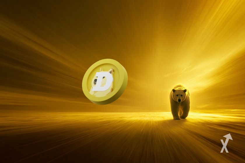Un fond avec une lumière jaune, un ours et le token jaune de Dogecoin