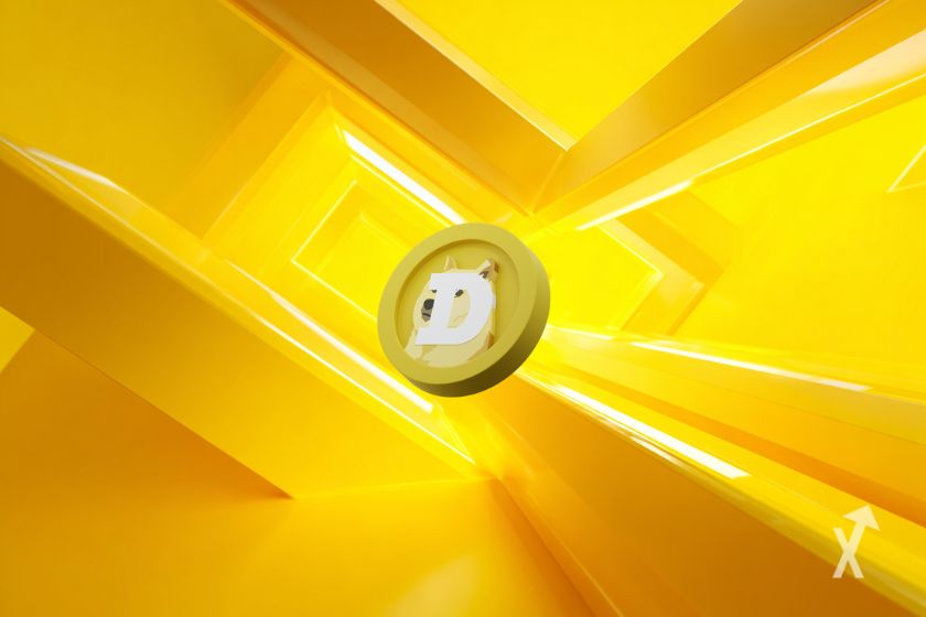 Le token jaune de Dogecoin sur un fond jaune éclatant avec des formes abstraites