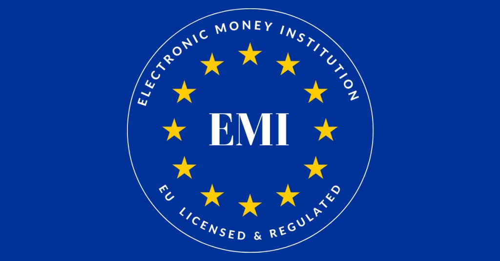 Le logo de Electronic Money Institution sur un fond bleu foncé