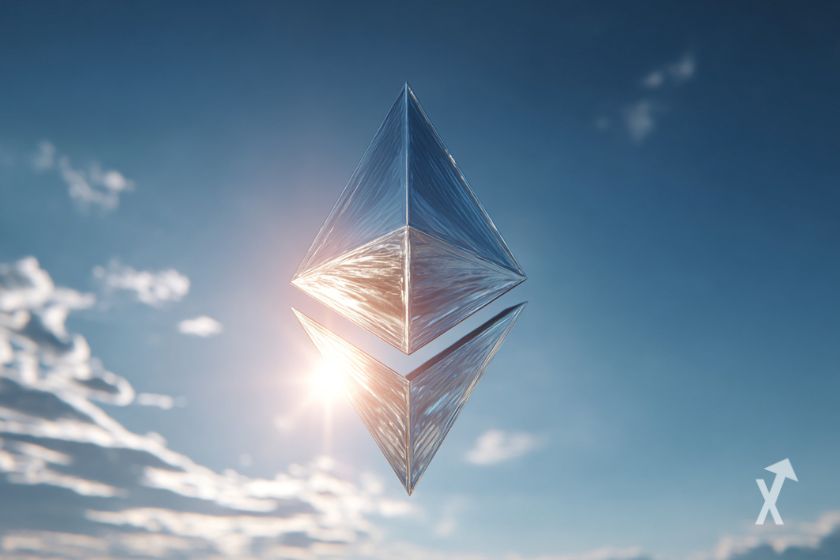 Le logo 3D d'Ethereum sur un fond de ciel bleu avec le soleil brillant