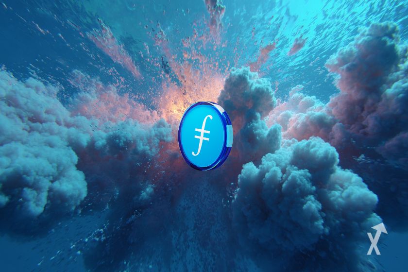 Le token bleu de Filecoin au milieu d'une explosion bleue dans l'eau