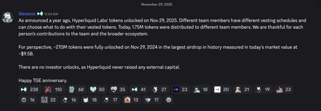 post sur le déblocage de 1,75 million de tokens Hyperliquid et la répartition des allocations, source iliensinc.