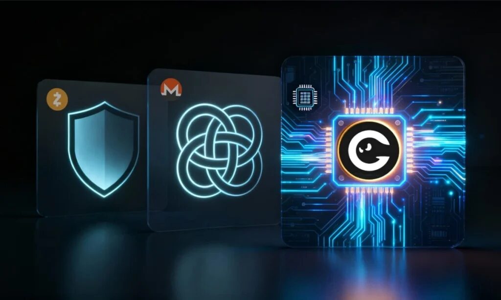 3 logos de cryptomonnaies dans un environnement digital futuriste