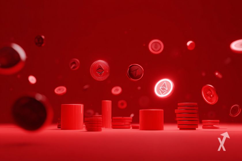 Un fond rouge avec des pièces de crypto s'envolant