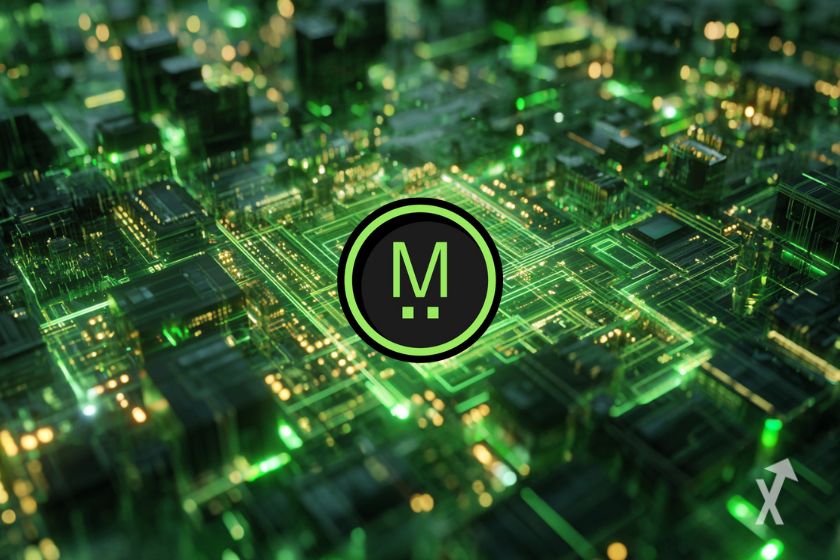 Le logo de MegaETH centré sur un fond de circuit imprimé vert et noir