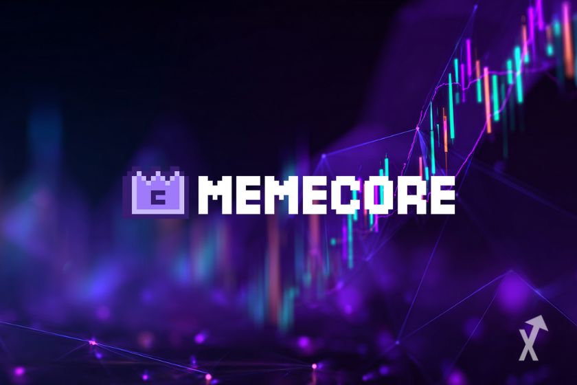Le logo de MemeCore avec une typo blanche sur un fond violet avec des bougies de graphique technique