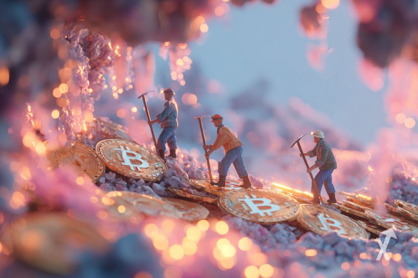 Des mineurs de Bitcoin dans une mine rose avec des pièces de Bitcoin au sol