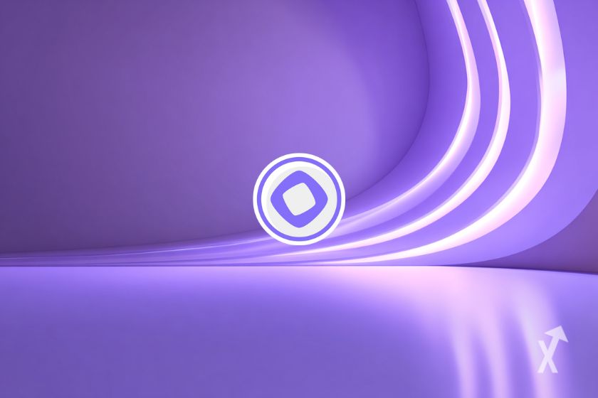 Le logo de Monad sur un fond violet clair avec une forme abstraite