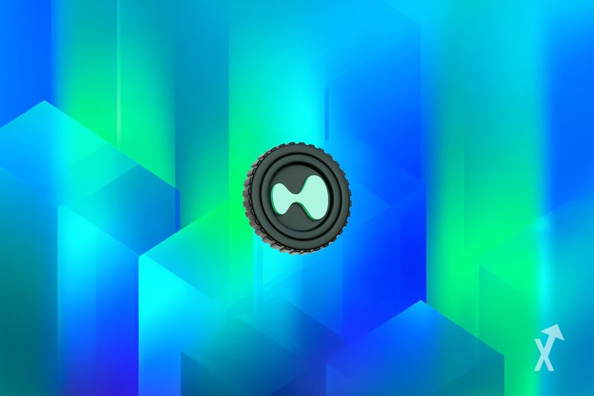 Le token HYPE de Hyperliquid sur un fond vert et bleu