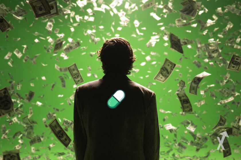 Un homme regardant des billets voler sur un fond vert avec le logo Pump.fun dans le dos