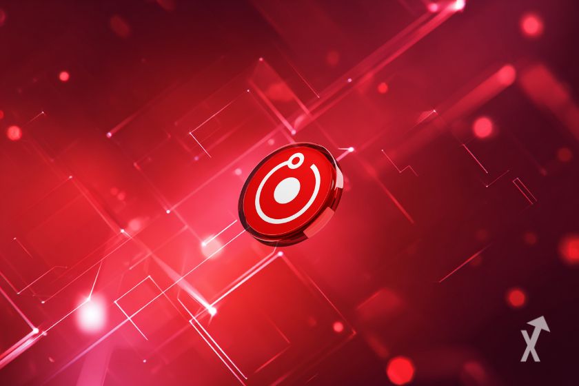 Le token rouge RNDR sur un fond vert avec des formes futuristiques et modernes