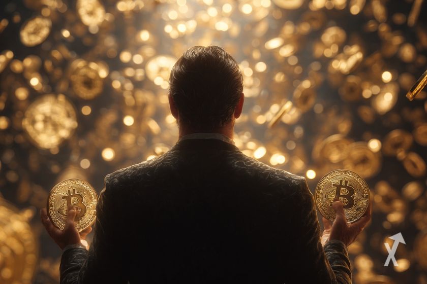 Un homme d'affaires vu de dos avec des pièces de Bitcoin dans ses mains et d'autres pièces tombant du ciel