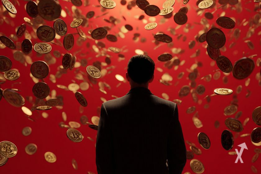 Un homme d'affaires vu de dos, regardant des dizaines de pièces de Bitcoin tomber du ciel sur un fond rouge