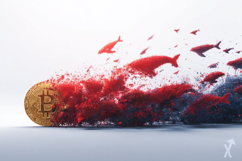 coin 3D bitcoin poursuivi par des baleines rouges et bleues, sur fond blanc