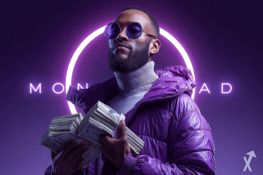 un homme stylé portant des lunettes et des liasses de billets de dollars sur fond violet monad