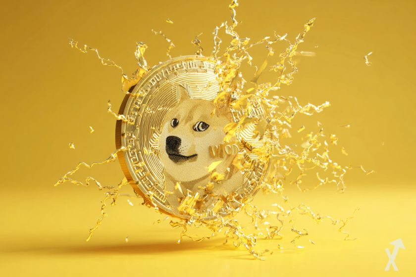 coin 3D dogecoin fissuré doré et avec de l'électricité autour sur fond jaune