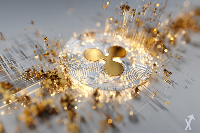 coin 3D xrp doré dans une explosion de fumée grise