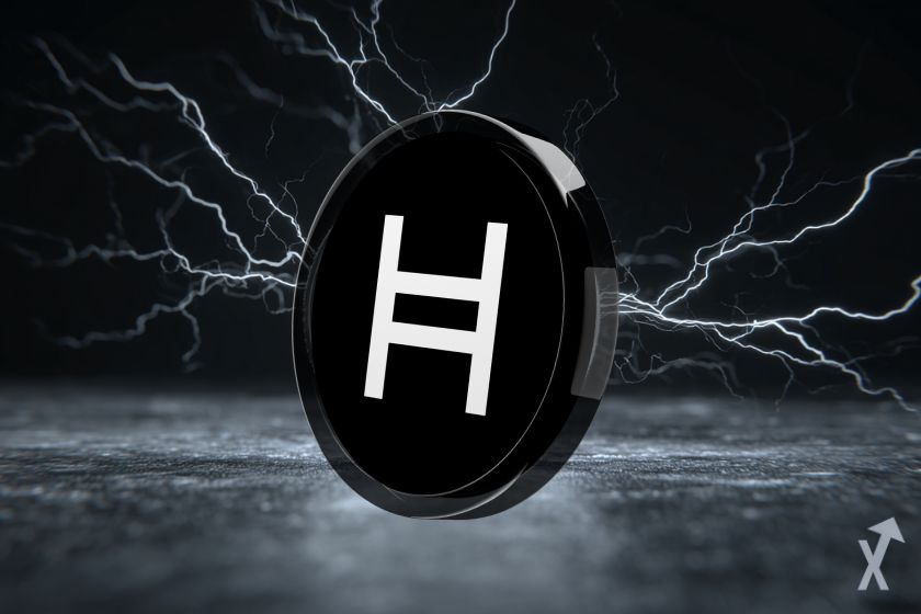 coin 3D hbar hedera avec de l'électricité autour sur un fond noir et gris
