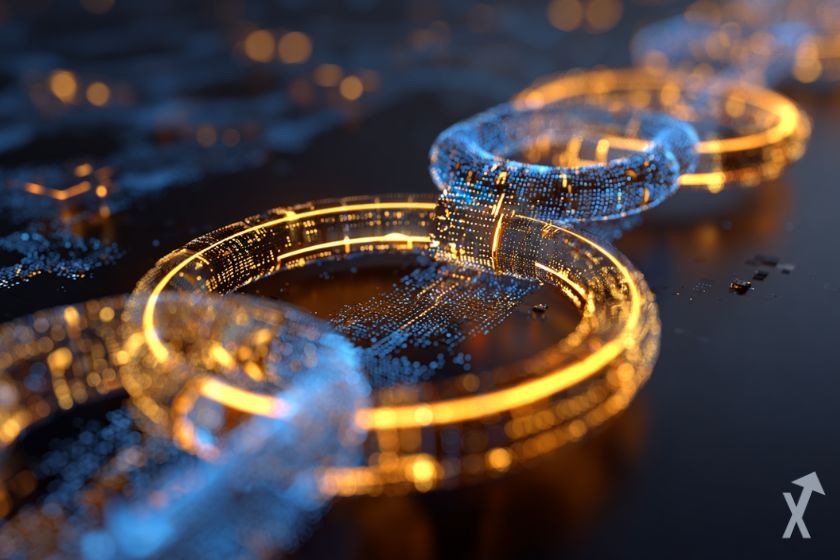 une chaine numérique avec un cercle orange et bleu sur fond noir pour symboliser circle et arc