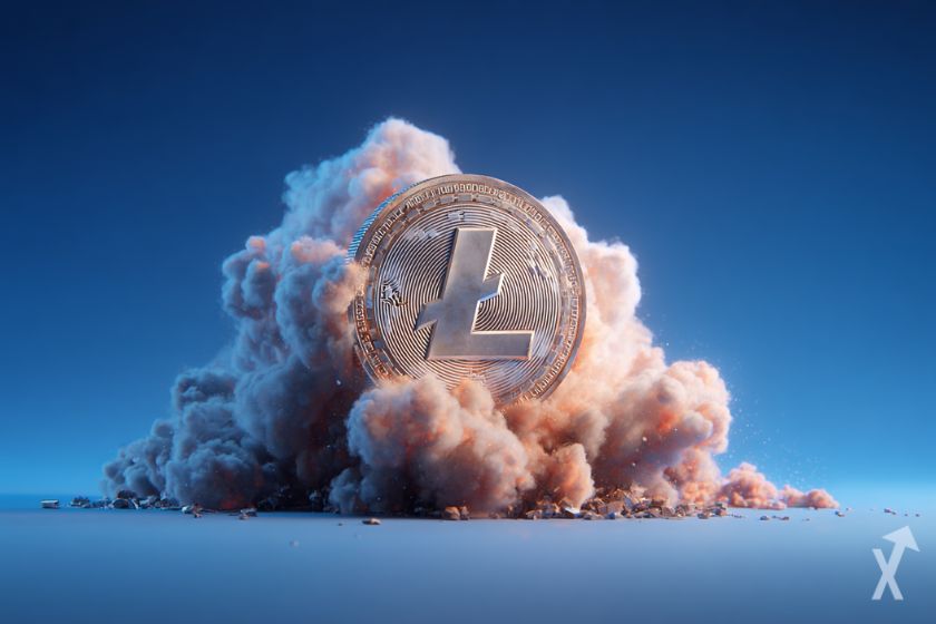 coin 3D litecoin ltc dans un nuage de fumée sur fond bleu