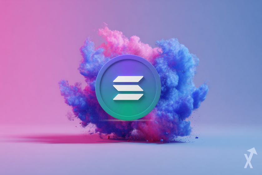 coin 3D solana coloré bleu et vert, dans une explosion de fumée violette et bleue