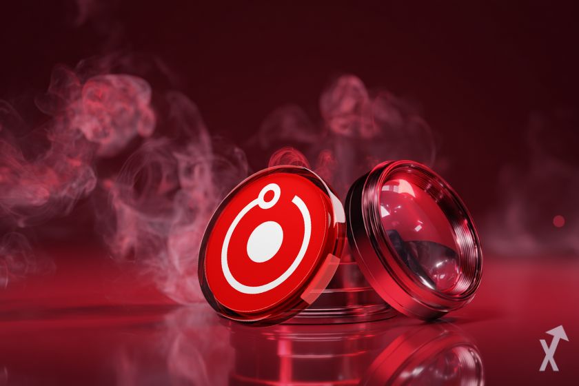 coin 3D render rouge, à côté d'une loupe, sur un fond rouge et une fumée blanche