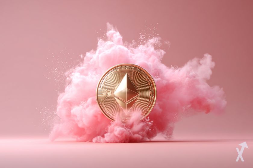 coin 3D ethereum doré, entouré d'une fumée rose, sur fond rose