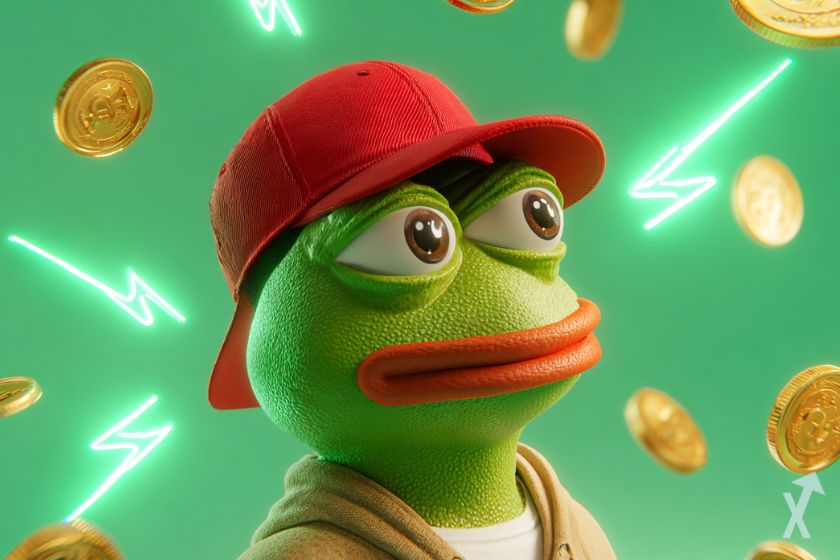 pepe représenté par une grenouille verte avec une casquette rouge, avec des éclairs sur un fond vert fluo