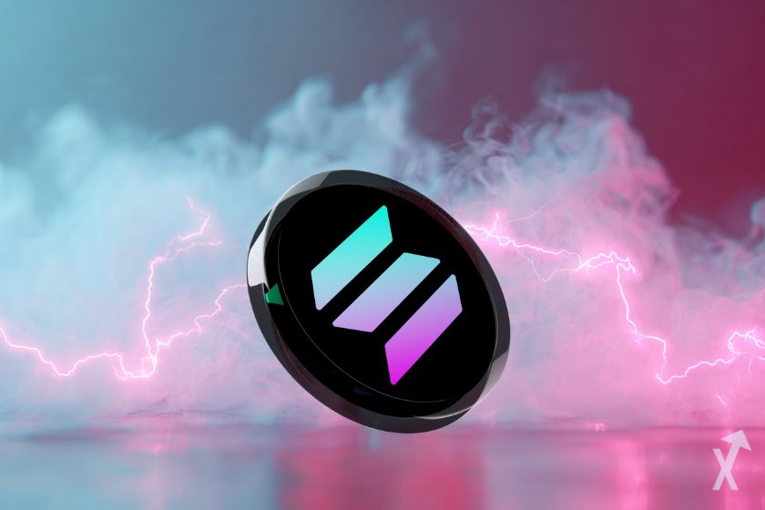 coin 3D solana sol entouré d'électricité et de nuage bleu et rose