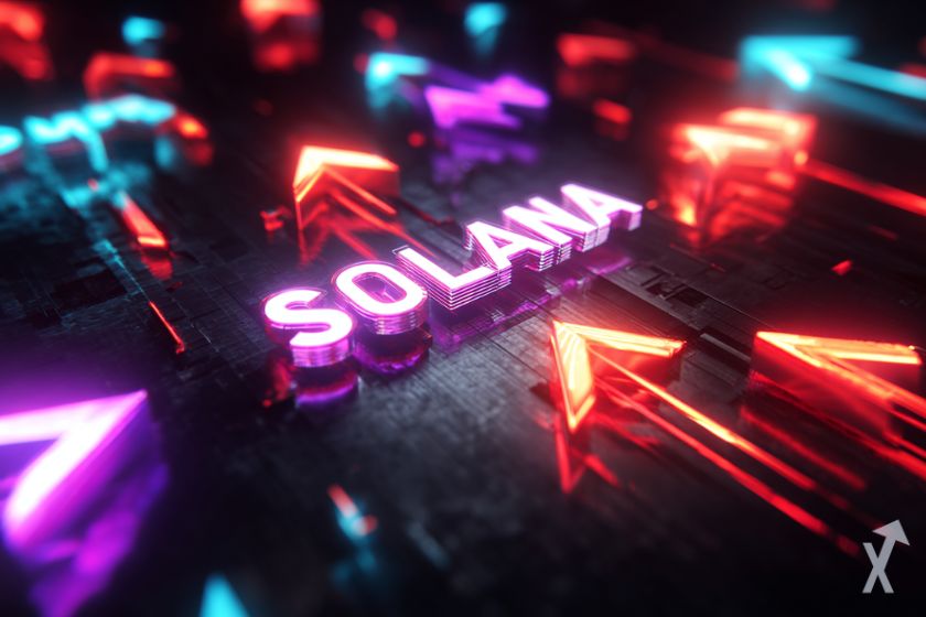 solana écrit en violet lumineux avec des flèches rouges et bleues, dans un environnement futuriste