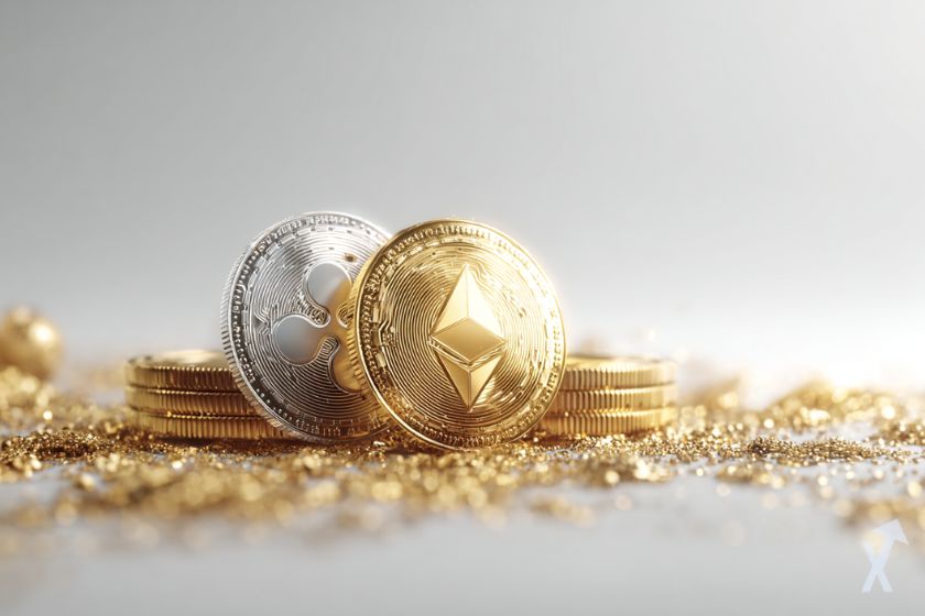 coin 3D ethereum et xrp doré sur fond blanc lumineux avec une poussière dorée