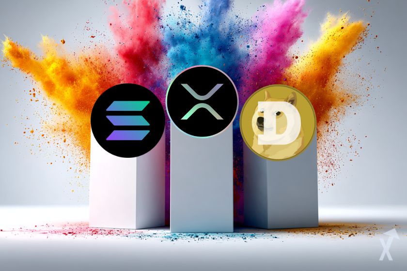 podium avec 3 cryptos solana xrp et dogecoin avec une explosion de couleurs en fond