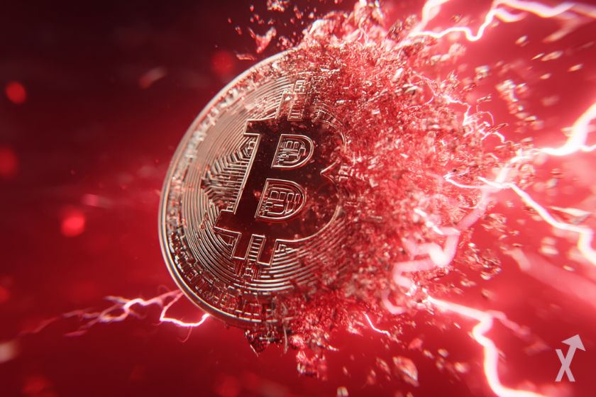 coin 3D bitcoin dans une explosion rouge et electrique