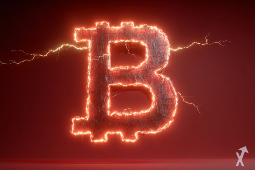 logo bitcoin orange éclairé et des éclairs autour sur fond orange