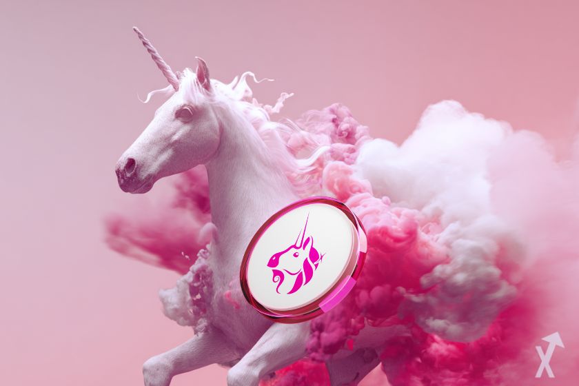 licorne uniswap uni en rose, qui court dans une fumée rose et blanche
