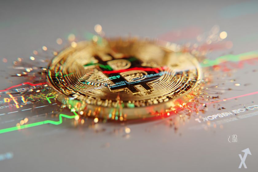 coin 3D bitcoin doré avec des courbes de trading vertes et rouges sur fond gris