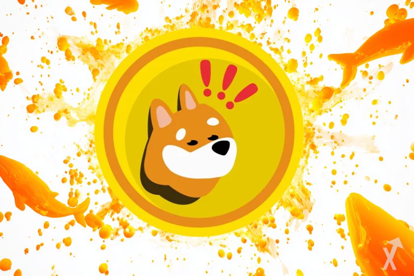 logo bonk jaune au milieu de baleines jaunes sur fond blanc