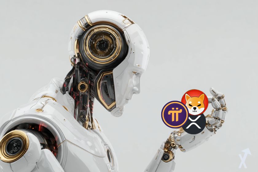 robot ia blanc tenant 3 cryptos dans sa main : xrp shiba inu et pi coin