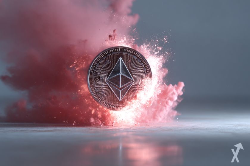 coin 3D ethereum gris dans une explosion de fumée rouge, étincelles