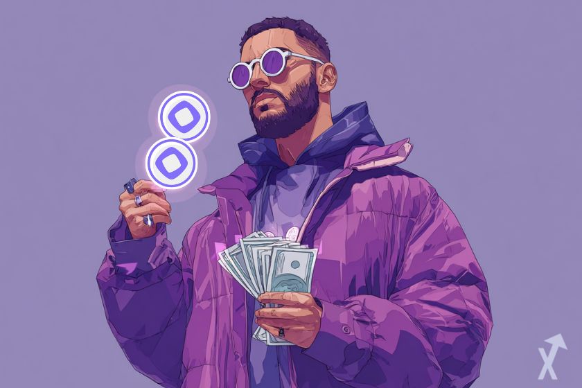 homme barbu stylé avec un blouson violet, tenant des billets de dollars et des tokens monad mon