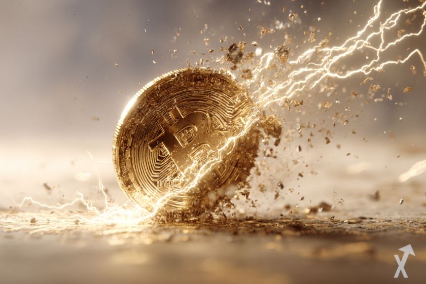 coin 3D bitcoin fissuré, en pleine explosion avec des éclairs autour