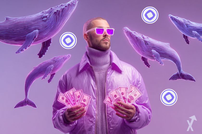 homme stylé en blouson violet, tenant des billets de dollars, autour de baleines et de tokens monad, sur fond violet